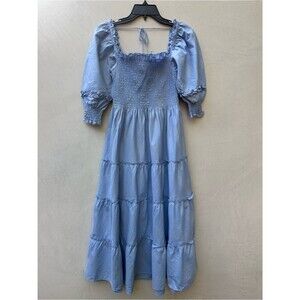 Hill House The Nesli Nap Dress Light Blue Glitter Check XS Smocked Puff Sleeves